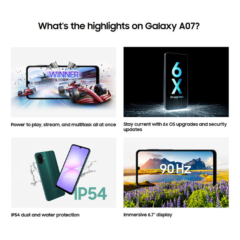 Samsung Galaxy A07 128 Gb, Teléfono Celular De 4 Gb, Cámara De 50 Mp, Pantalla 6.7, Protección Ip54, Procesador De 6 Nm, Negro